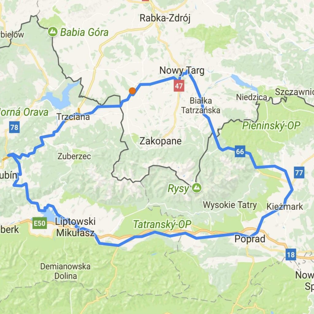 Trasa dookoła Tatr na mapie